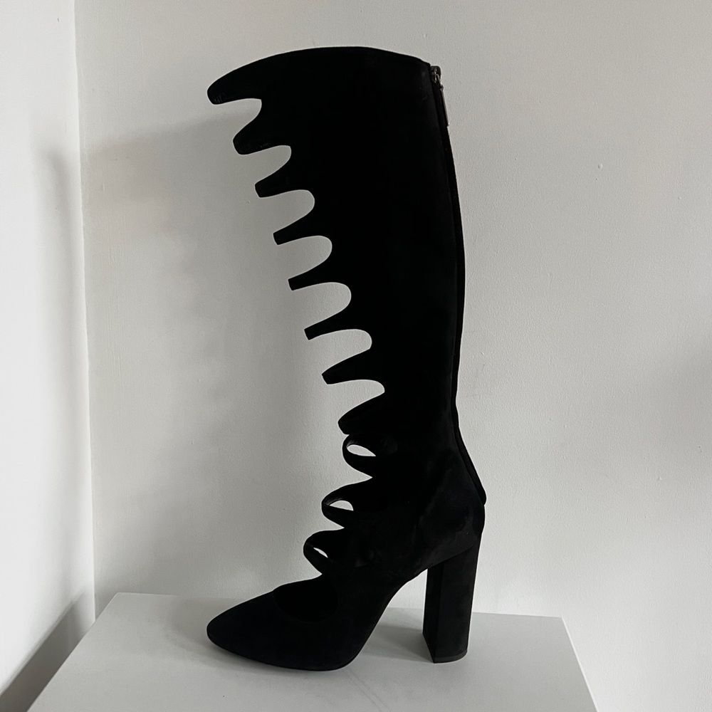 Saint Laurent black suede cut out cage Joplin 105 knee high boots - Picture 2 of 16